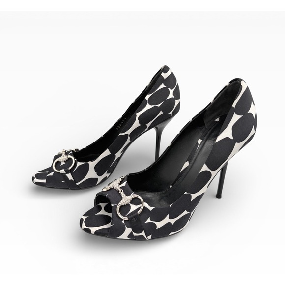 GUCCI Satin Crystal Horsebit Peep Toe Heels Sz 9 Black White LIKE NEW COA EU 39